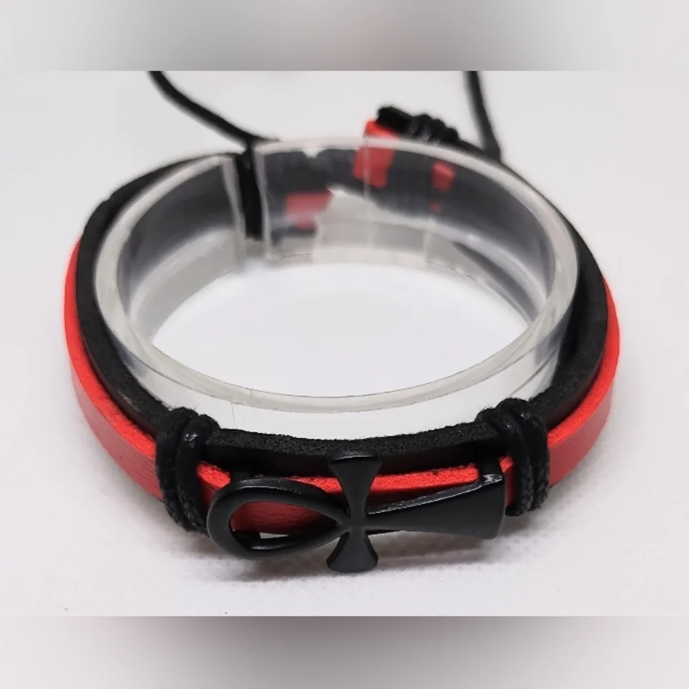 Men's Bracelet Leather Cross Black Red New‎ F29